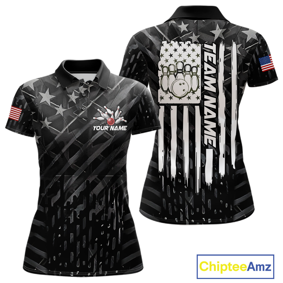 Black American flag bowling team jersey polo shirt for women featuring patriotic USA flag artwork, premium custom bowling league apparel for tournaments and team play.