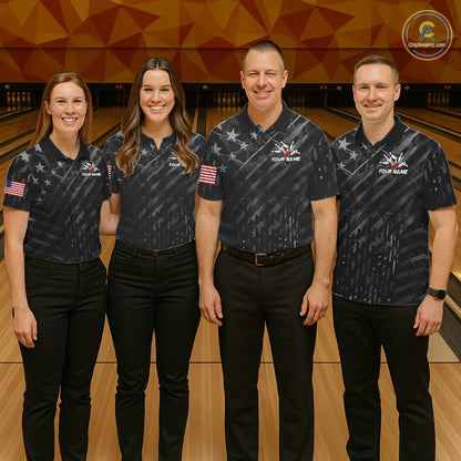 Bowling team wearing matching black American flag bowling team jerseys, front view.