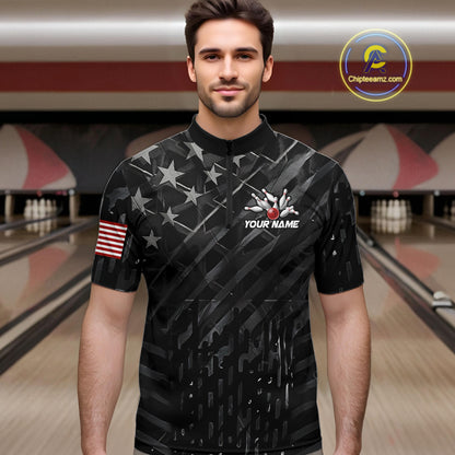 Man wearing black American flag bowling team jersey quarter zip shirt featuring patriotic American flag artwork, front view.