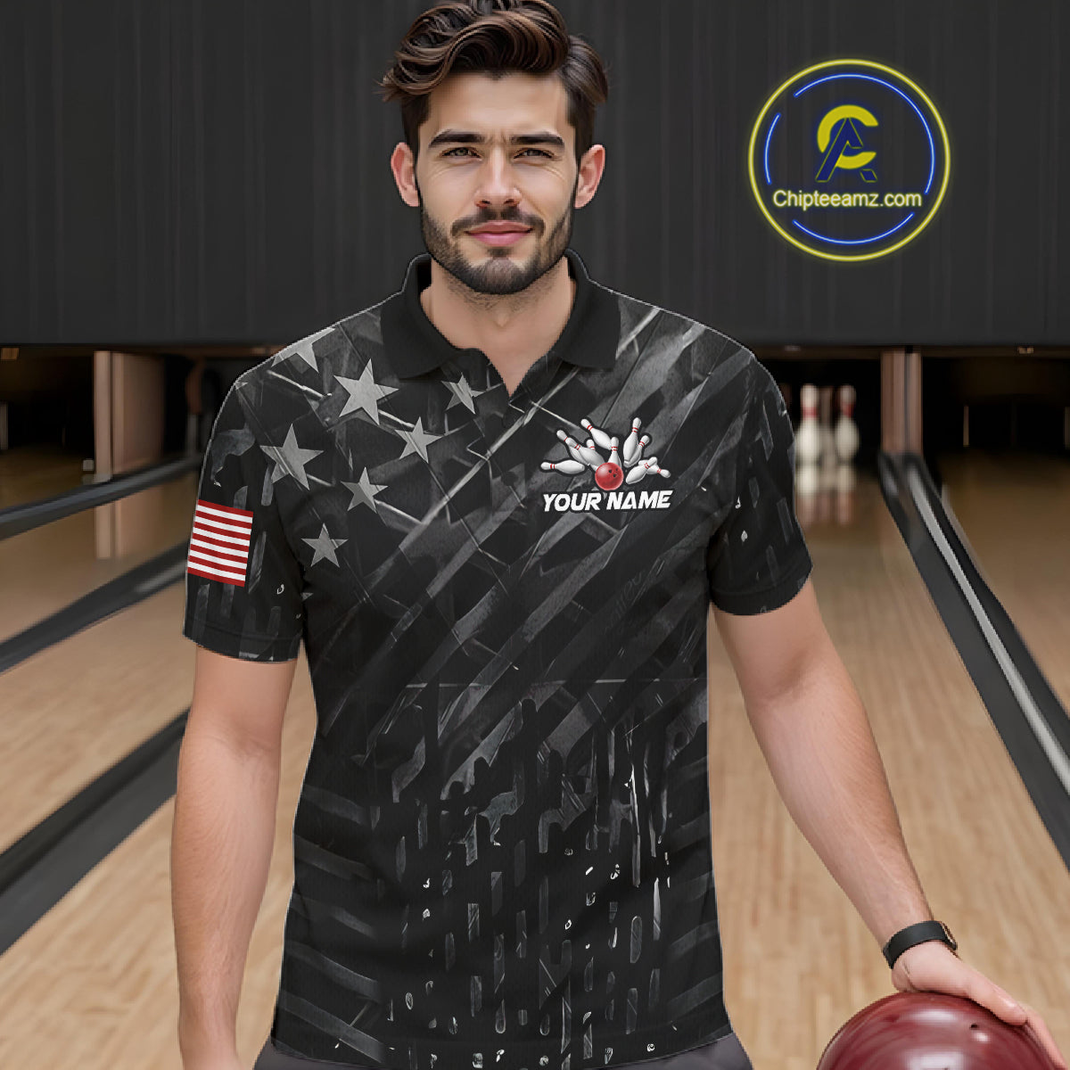 Man wearing black American flag patriotic bowling team jersey polo shirt featuring American flag artwork, front view.