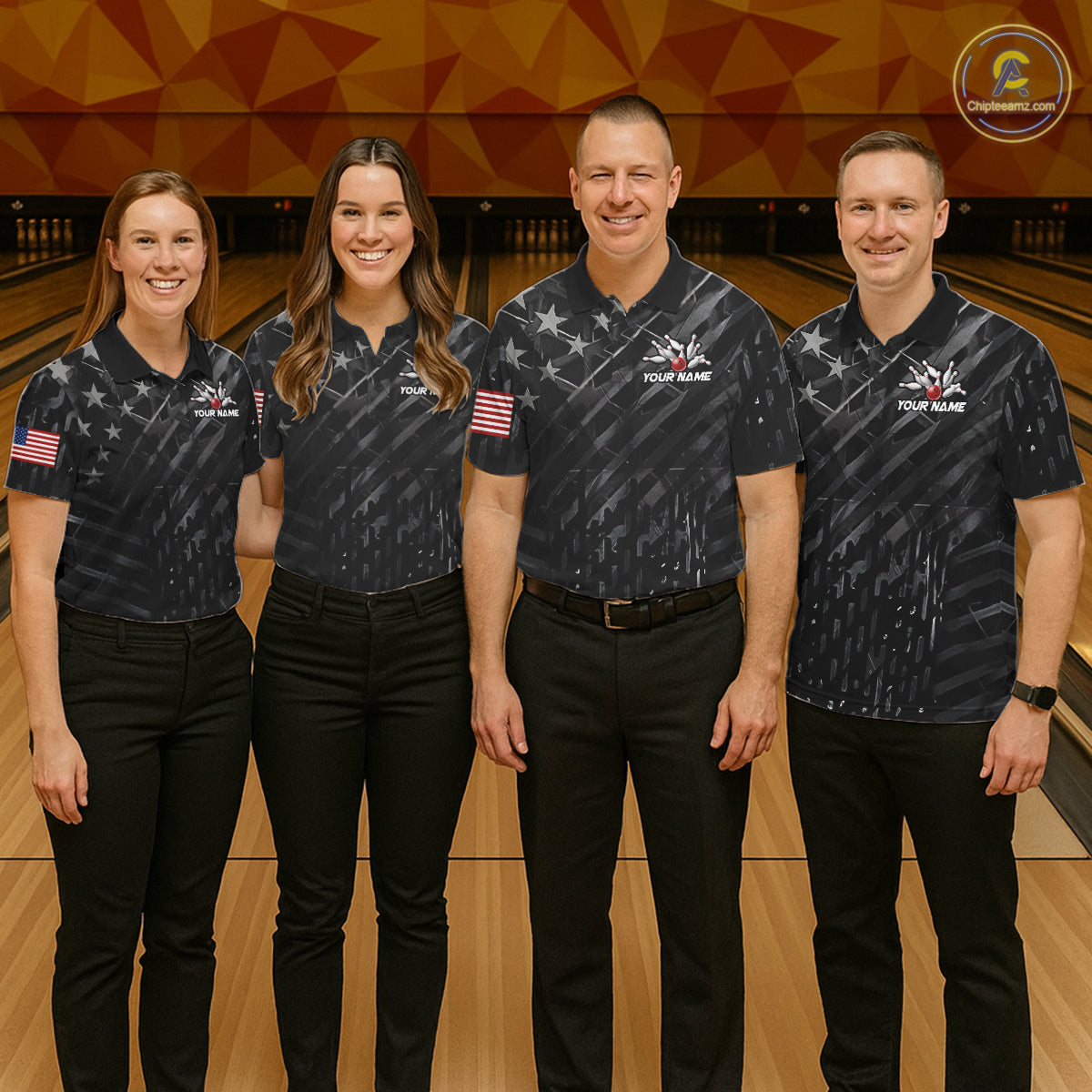 Bowling team wearing matching black American flag patriotic bowling team jerseys, front view.