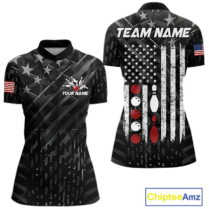 Black American flag patriotic bowling team jersey quarter zip shirt for women featuring bold patriotic American flag artwork, premium custom bowling apparel.