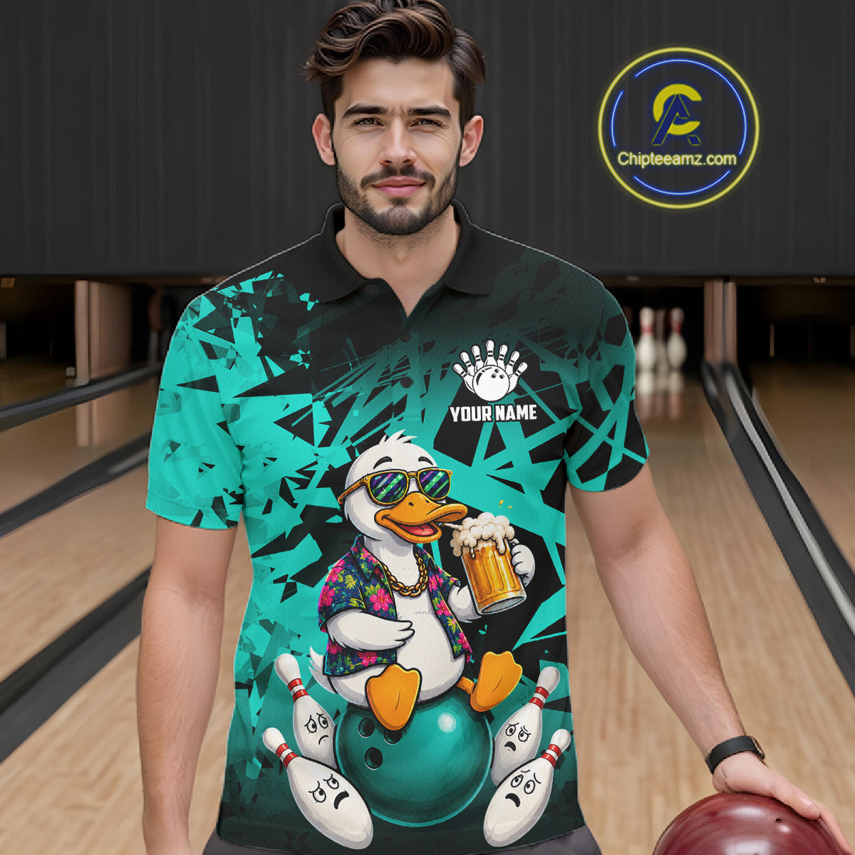 Man wearing personalized turquoise funny duck beer bowling team jersey polo shirt featuring funny duck beer artwork, front view.