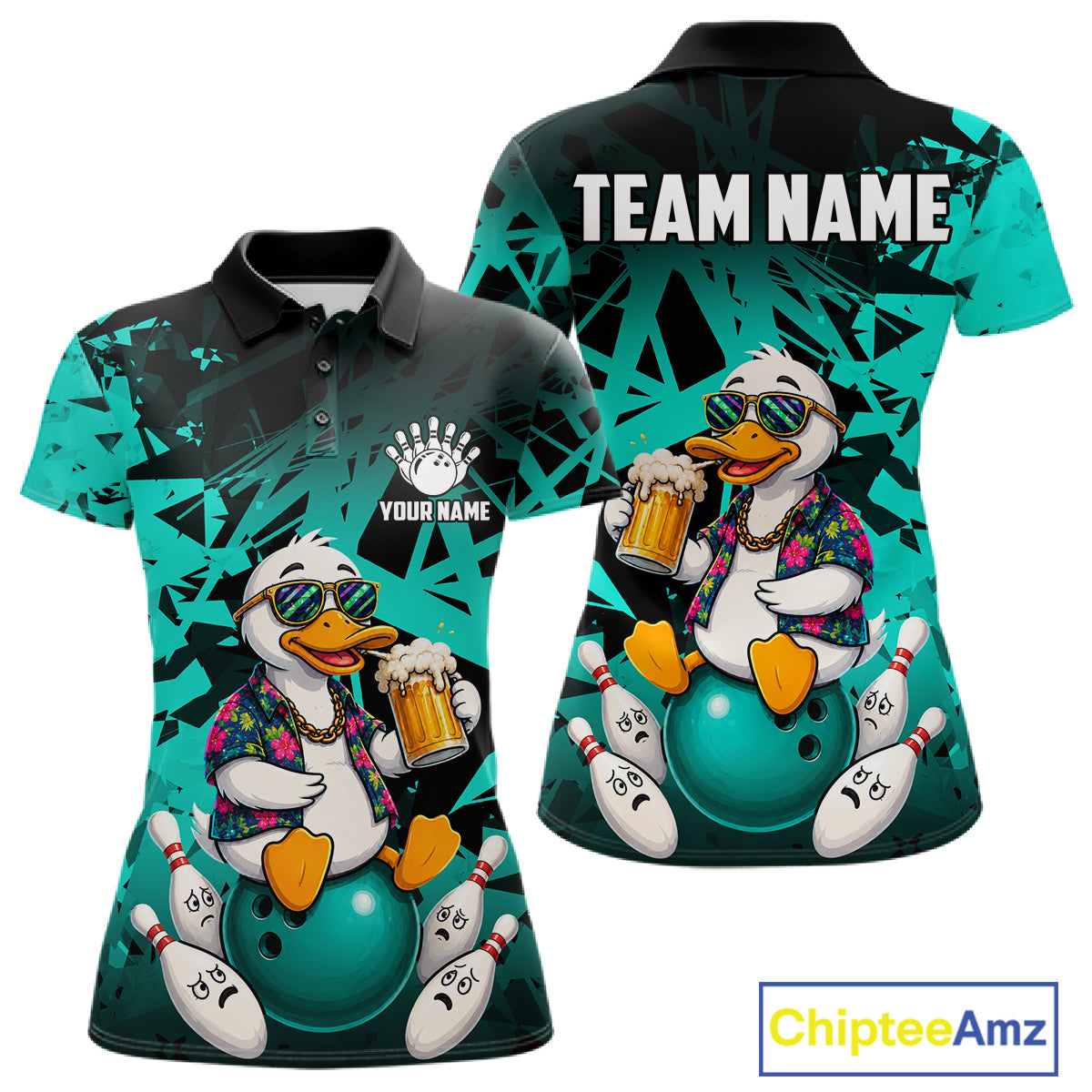 Personalized turquoise funny duck beer bowling team jersey polo shirt for women featuring a funny duck drinking beer design, premium custom bowling team apparel and gift for bowlers.