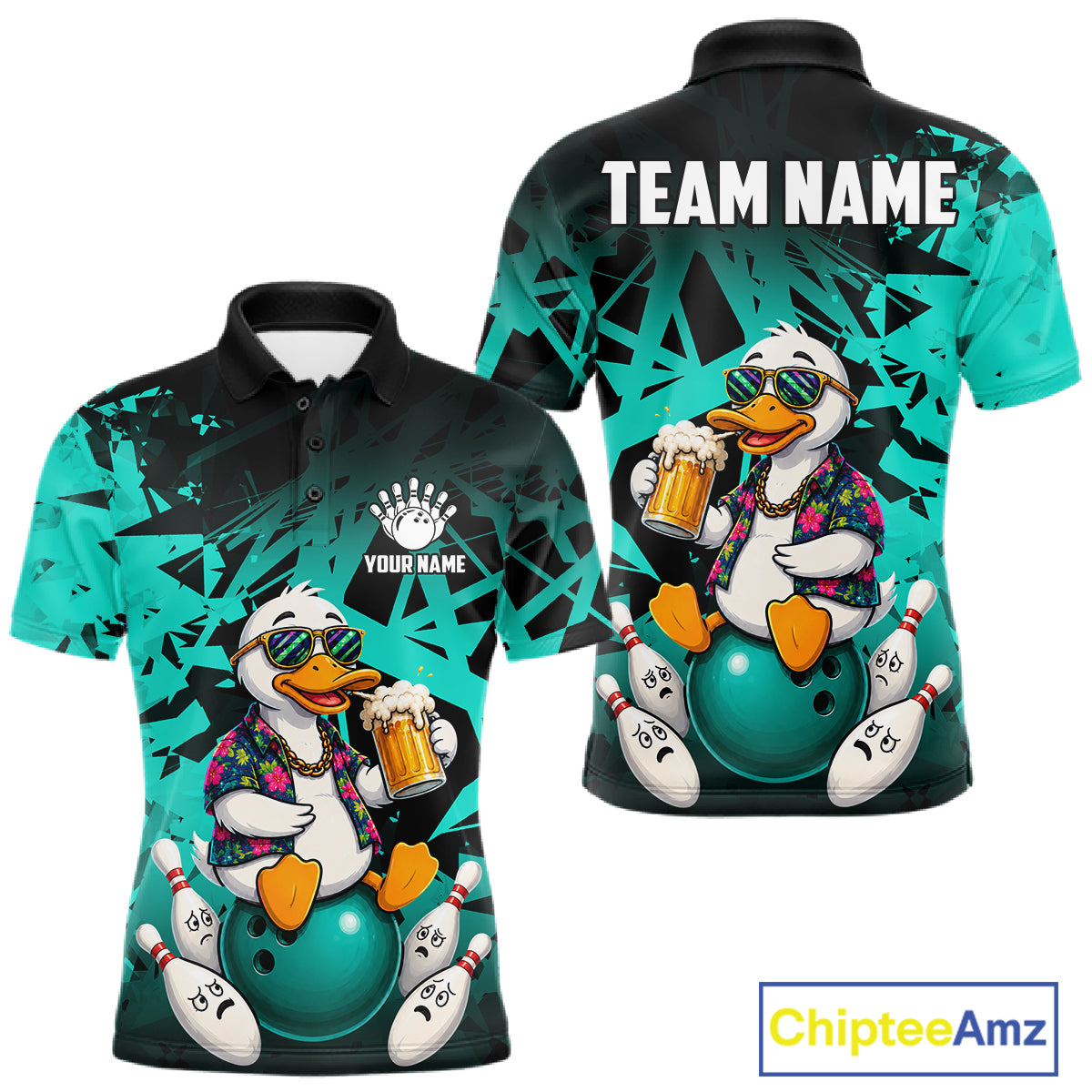 Personalized turquoise funny duck beer bowling team jersey polo shirt for men featuring a funny duck drinking beer design, premium custom bowling team apparel and gift for bowlers.