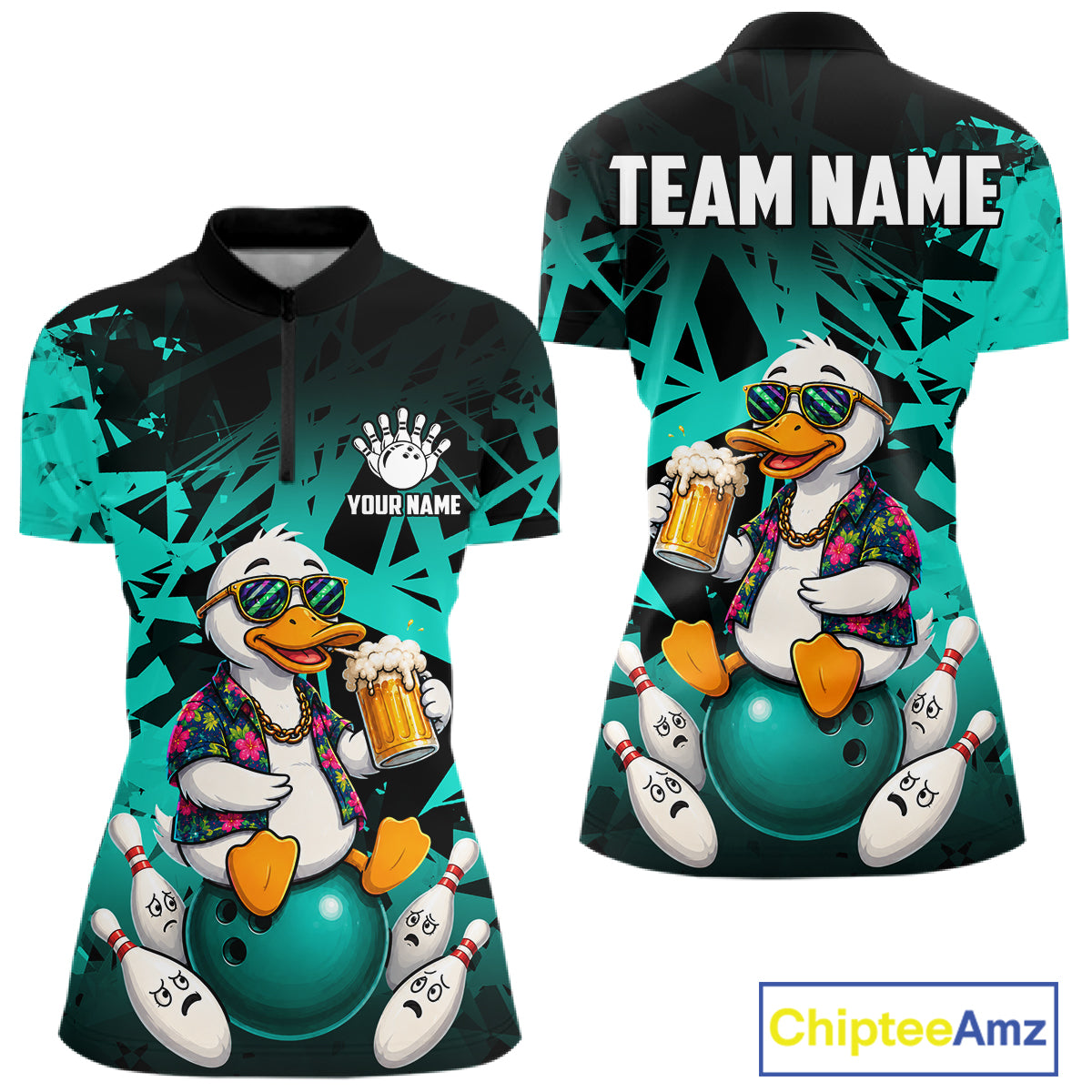 Personalized turquoise funny duck beer bowling team jersey quarter zip shirt for women featuring funny duck beer artwork, premium custom bowling apparel.