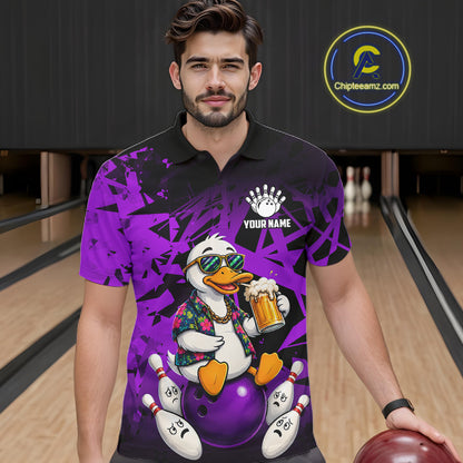 Man wearing personalized purple funny duck beer bowling team jersey polo shirt featuring funny duck beer artwork, front view.