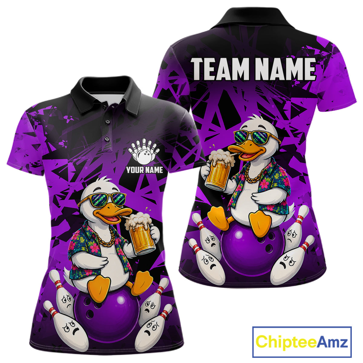 Personalized purple funny duck beer bowling team jersey polo shirt for women featuring a funny duck drinking beer design, premium custom bowling team apparel and gift for bowlers.