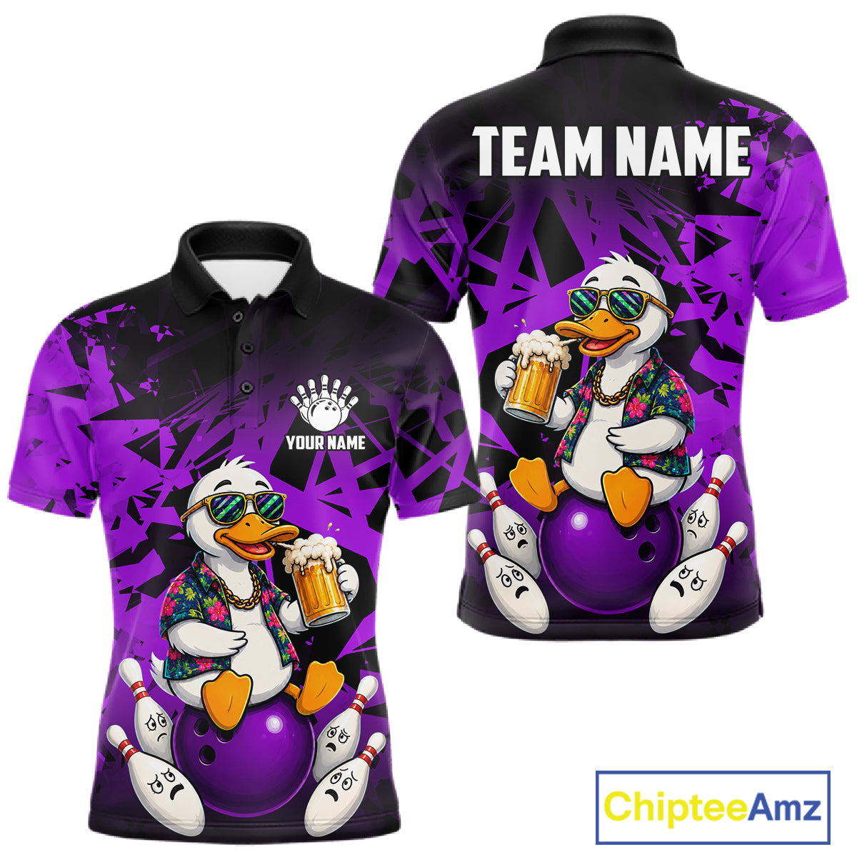 Personalized purple funny duck beer bowling team jersey polo shirt for men featuring a funny duck drinking beer design, premium custom bowling team apparel and gift for bowlers.