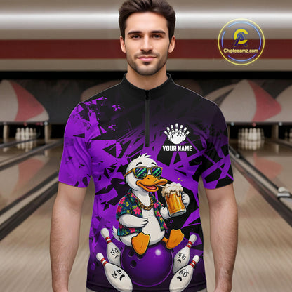 Man wearing personalized purple funny duck beer bowling team jersey quarter zip shirt featuring funny duck beer artwork, front view.