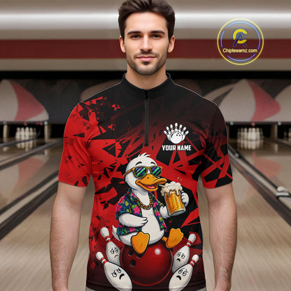 Man wearing personalized red funny duck beer bowling team jersey quarter zip shirt featuring funny duck beer artwork, front view.