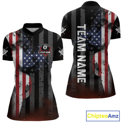 Personalized American Flag 8 Ball Billiard Shirt For Women, Patriotic Pool Team Jersey Polo, 1/4 Zip TDM4844