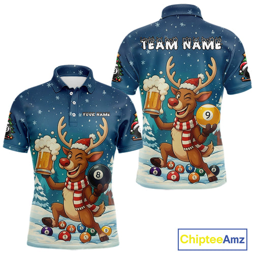 Funny Christmas Reindeer Beer Billiard Shirt For Men Custom 8 & 9 Ball Xmas Pool Team Jersey TDM5061