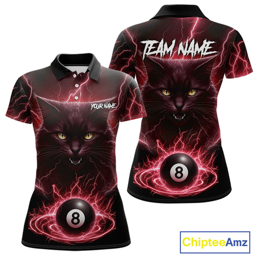 Red 8 Ball Thunder Lightning Cat Billiard Shirt For Women Custom Pool Team Jersey Polo & 1/4 Zip TDM5067