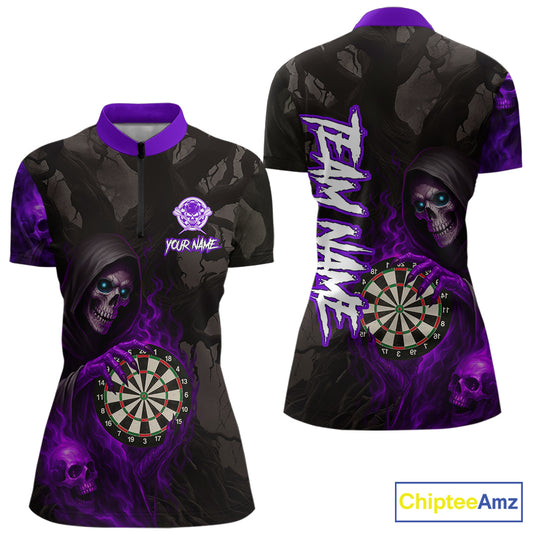 Purple Grim Reaper Flame Darts Shirt For Women Custom Skull Darts Jersey Team Polo & Quarter Zip TDM5530