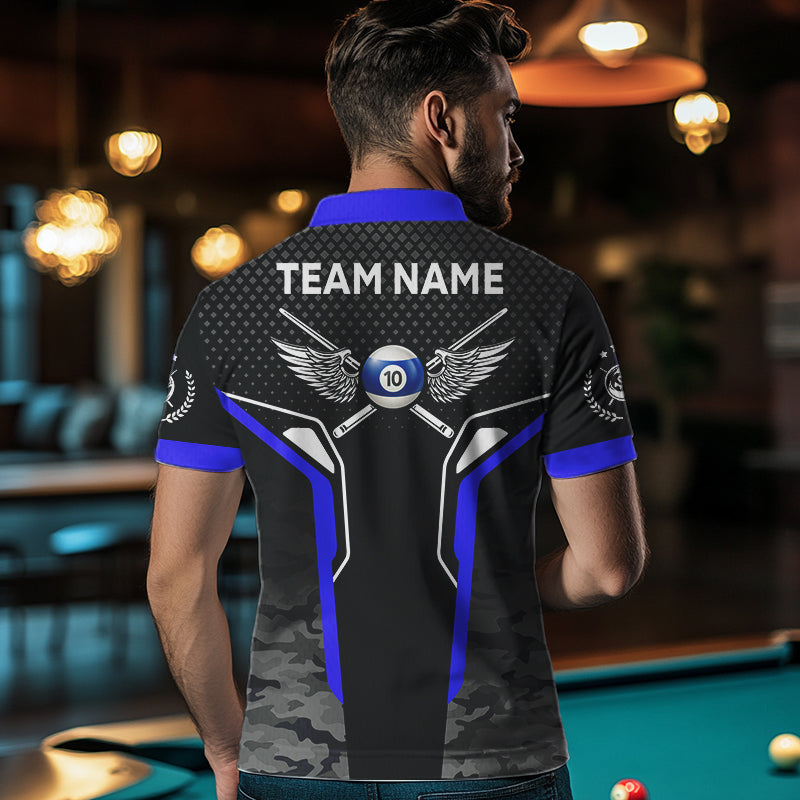 Black And Blue 10 Ball Pool Wings Custom Camo Billiard Shirt For Men, 10 Ball Billiard Team Jerseys TDM3485