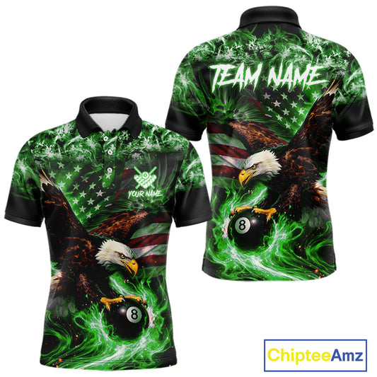 Green Flaming Eagle 8 Ball Billiard Shirt For Men Custom US Flag Pool Team Jersey Polo & 1/ 4 Zip TDM6153