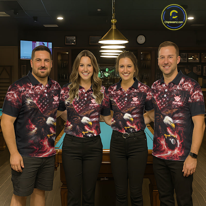 Red Flaming Eagle 8 Ball Billiard Shirt For Women Custom US Flag Pool Team Jersey Polo & 1/ 4 Zip TDM6154