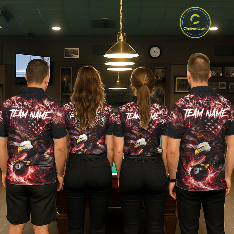 Red Flaming Eagle 8 Ball Billiard Shirt For Women Custom US Flag Pool Team Jersey Polo & 1/ 4 Zip TDM6154