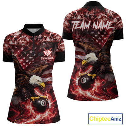 Red Flaming Eagle 8 Ball Billiard Shirt For Women Custom US Flag Pool Team Jersey Polo & 1/ 4 Zip TDM6154