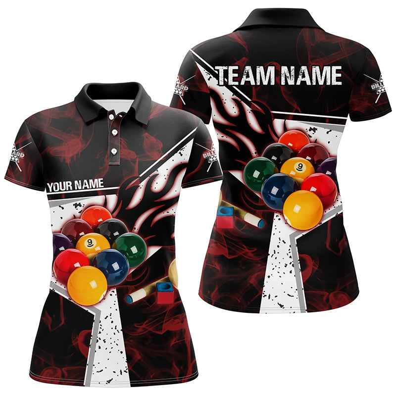 Personalized Red Smoke Billiard Jersey Women Polo Shirts, 3D Billiard Balls Custom Pool Player Shirts TDM1505