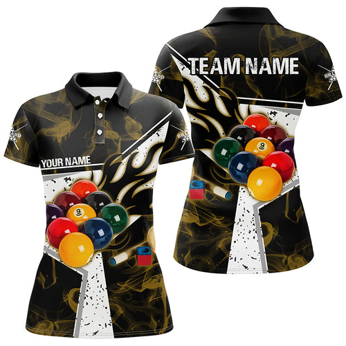 Personalized Yellow Smoke Billiard Jersey Women Polo Shirts, Billiard Balls Custom Pool Player Shirts TDM1506
