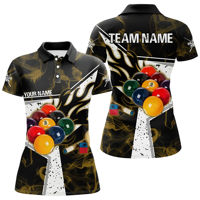 Personalized Yellow Smoke Billiard Jersey Women Polo Shirts, Billiard Balls Custom Pool Player Shirts TDM1506