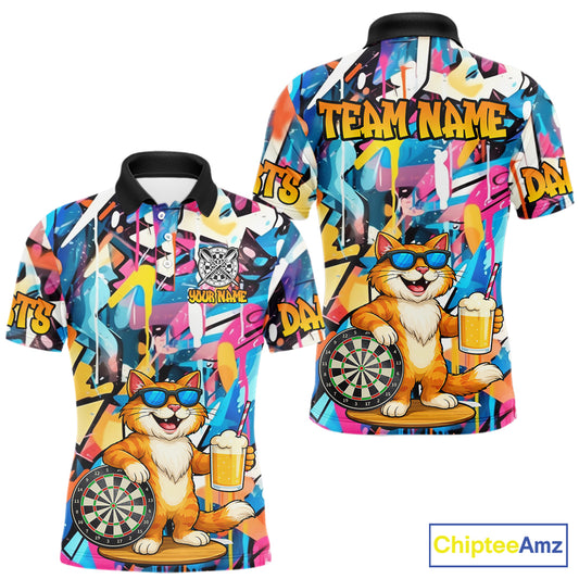 Funny Cat Colorful Graffiti Darts Shirt For Men Custom Darts Team Jersey Polo & 1/4 Zip TDM6393