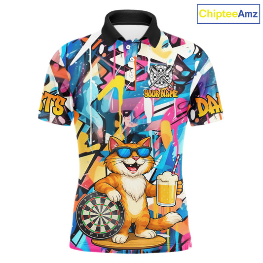 Funny Cat Colorful Graffiti Darts Shirt For Men Custom Darts Team Jersey Polo & 1/4 Zip TDM6393
