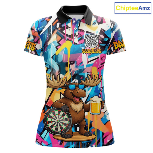 Funny Moose Colorful Graffiti Darts Shirt For Women Custom Darts Team Jersey Polo & 1/4 Zip TDM6397