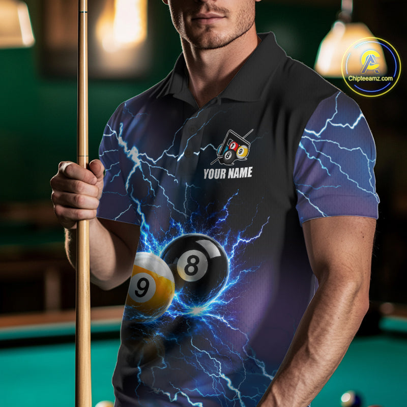 Man Wearing Personalized Blue Thunder Lightning 8 Ball 9 Ball Billiard Polo Shirt with Athletic Performance Fit and Vibrant Lightning Artwork, Front View