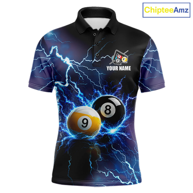 Personalized Blue Thunder Lightning 8 Ball 9 Ball Pool Billiard Polo Shirt Featuring Electric Lightning Artwork for Pool League Players, Team Competition, and Tournament Events