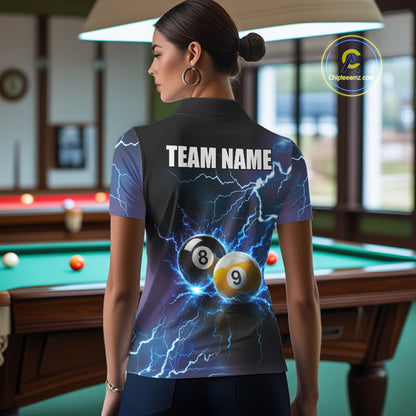 Woman Wearing Personalized Blue Thunder Lightning 8 Ball 9 Ball Custom Billiard Team Jersey Featuring the Complete Rear Lightning Graphic, Back View