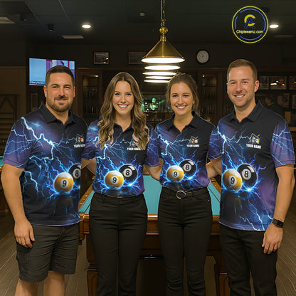 Pool Team Wearing Personalized Blue Thunder Lightning 8 Ball 9 Ball Billiard Jerseys During League Competition and Tournament Matches, Front View
