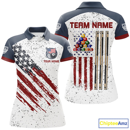 White Grunge American Flag Custom Billiard Shirts For Women, Patriotic Team Player Pool Jerseys TDM2326