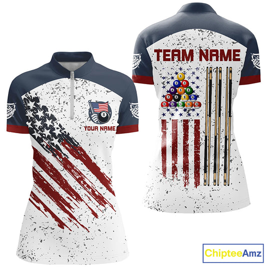 White Grunge American Flag Custom Billiard Shirts For Women, Patriotic Team Player Pool Jerseys TDM2326