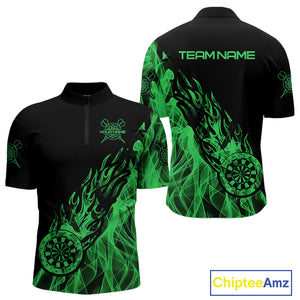 Black And Green Flame Fire Darts Polo & Quarter Zip Custom Dart Shirt For Men Dart Jerseys TDM4857