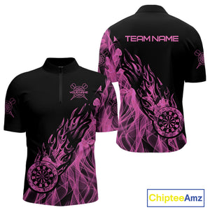Black And Pink Flame Fire Darts Polo & Quarter Zip Custom Dart Shirt For Men Dart Jerseys TDM4858