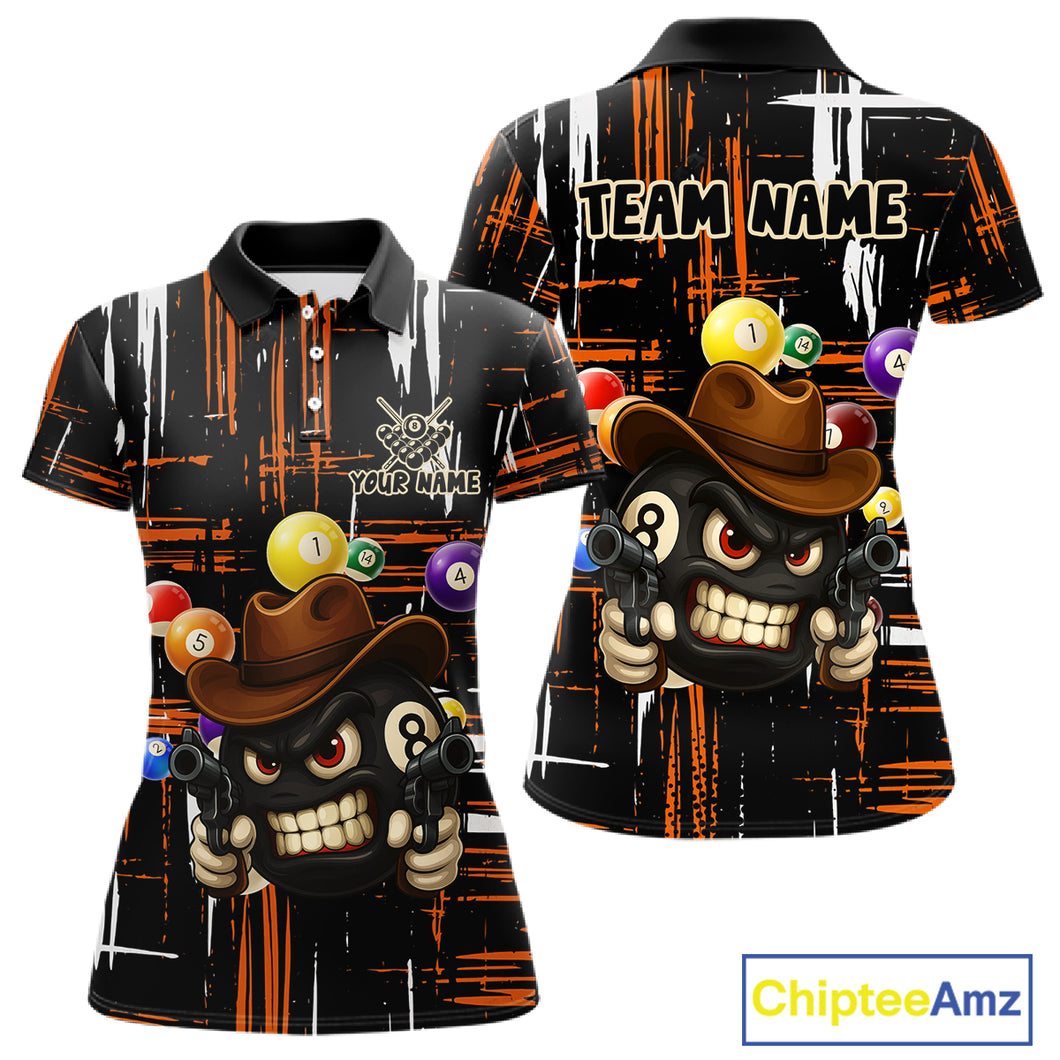 Personalized Orange Grunge Funny 8 Ball Billiard Shirt For Women, Pool Team Jersey Polo & 1/4 Zip TDM5285