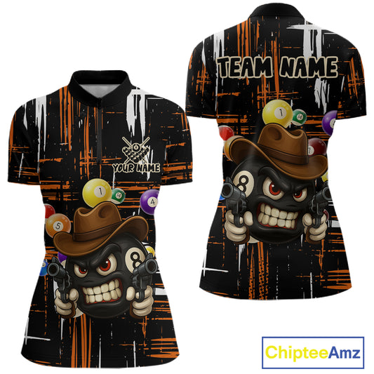Personalized Orange Grunge Funny 8 Ball Billiard Shirt For Women, Pool Team Jersey Polo & 1/4 Zip TDM5285
