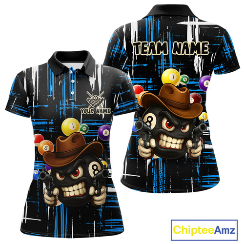 Personalized Blue Grunge Funny 8 Ball Billiard Shirt For Women, Pool Team Jersey Polo & 1/4 Zip TDM5286