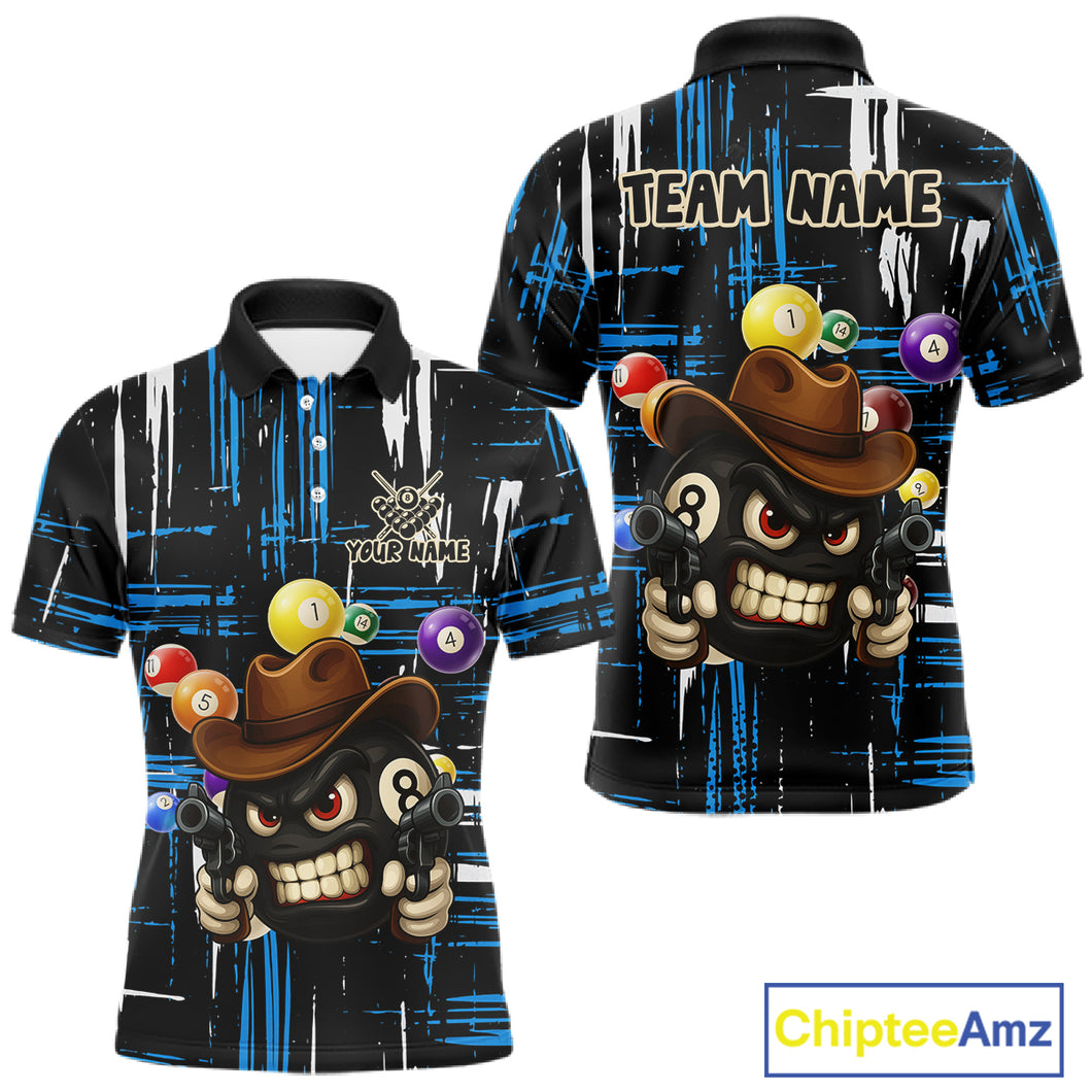 Personalized Blue Grunge Funny 8 Ball Billiard Shirt For Men, Pool Team Jersey Polo & 1/4 Zip TDM5286