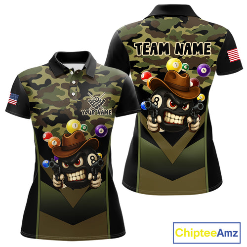 Personalized Green Camo Funny 8 Ball Billiard Shirt For Women Custom Pool Team Jersey Polo & 1/4 Zip TDM5287