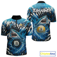 Load image into Gallery viewer, Custom Funny Blue Shark 8 Ball &amp; 9 Ball Billiard Shirt For Men, Pool Team Shirt Polo &amp; 1/4 Zip TDM5291
