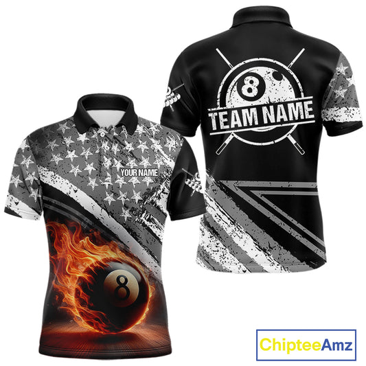 Personalized US Flag 8 Ball Pool Fire Billiard Shirt For Men Custom Grunge Billiard Team Jersey TDM5544