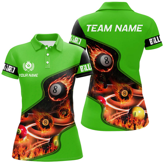 Personalized Master Billiard Balls Flame 3D Women Polo Shirts, Green Billiard Jersey For Pool Player TDM0979