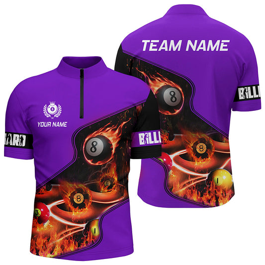 Personalized Master Billiard Balls Flame 3D Men Quarter-Zip Shirts, Purple Billiard Jersey TDM0980