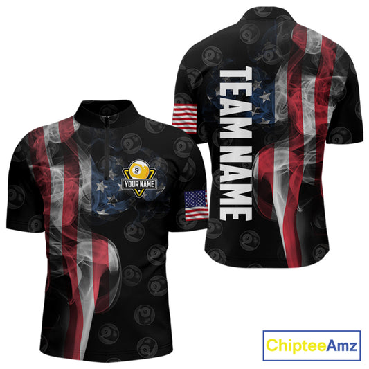 Personalized Vintage Smoke US Flag Billiard Shirts For Men, 9 Ball Pool Patriotic Billiard Jerseys TDM3633