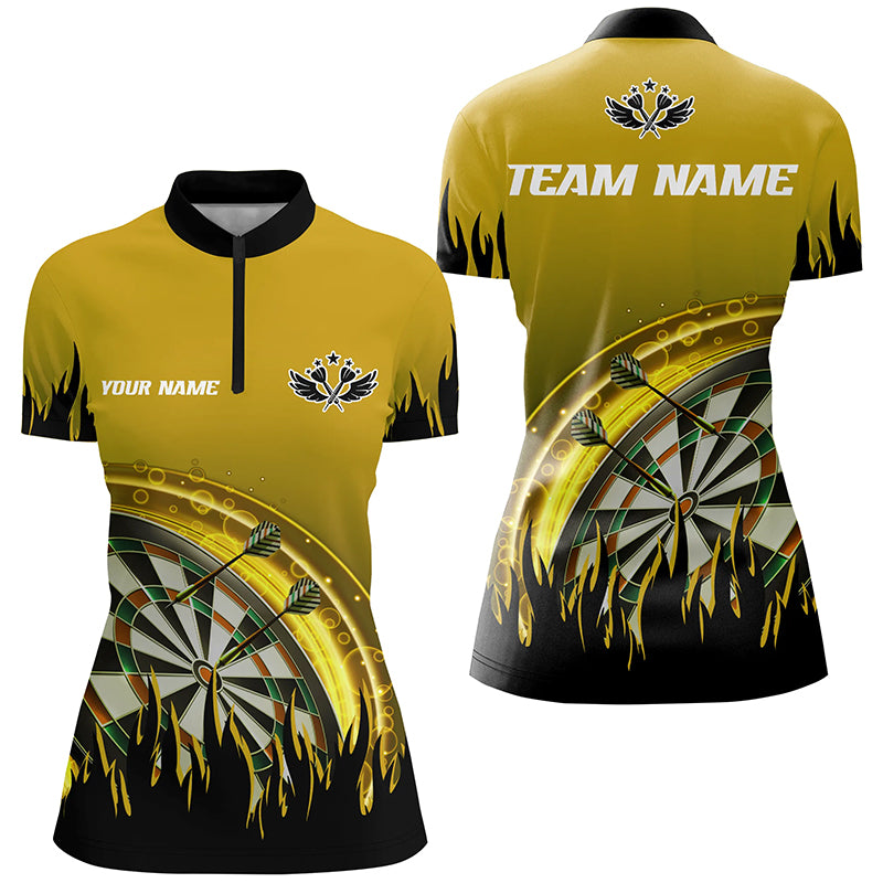 Personalized Yellow Darts Flame Women Quarter-Zip Shirt Custom Team League Darts Jersey Attire TDM1522