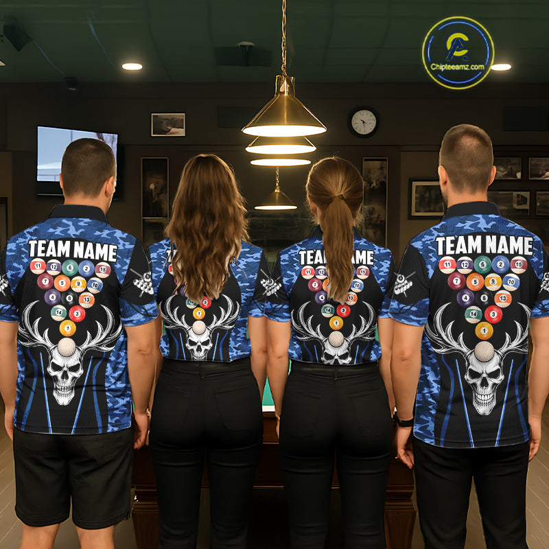 Personalized Blue Camo Skull Billiard Shirt For Men, 8 Ball Billiard Team Jersey Polo & 1/4 Zip TDM6399